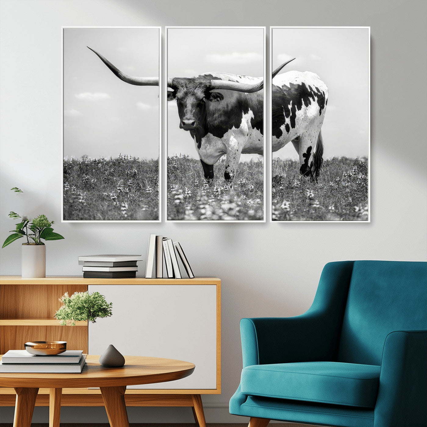 -Texas Black White Highland Longhorn Cow Wall Art Canvas Print