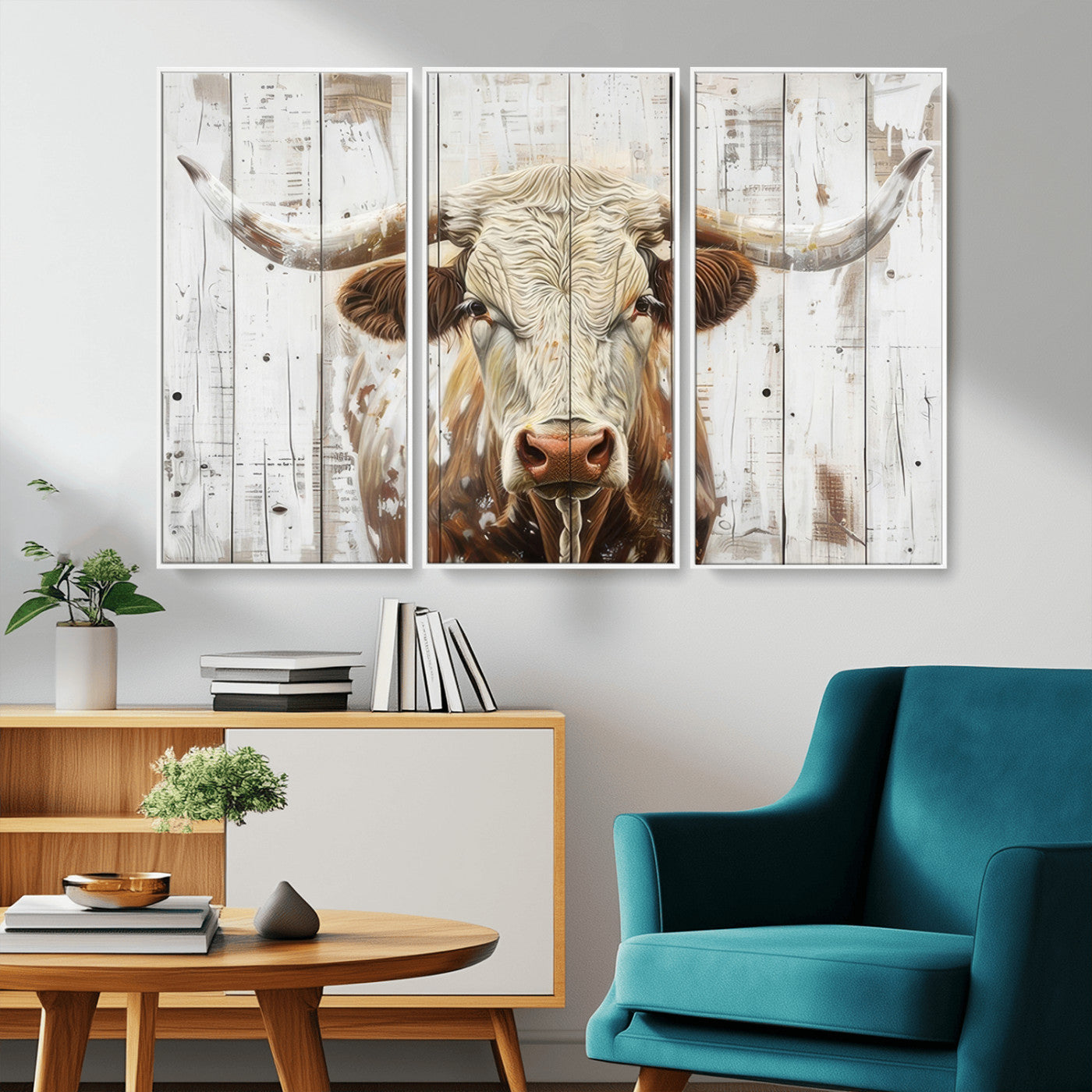 -Rustic Longhorn Bull Wall Art Canvas Set – Western-Inspired Farmhouse Décor - Ready to Hang