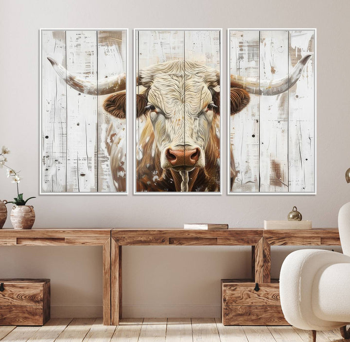 A Western-inspired Rustic Longhorn Bull Wall Art Canvas Set.