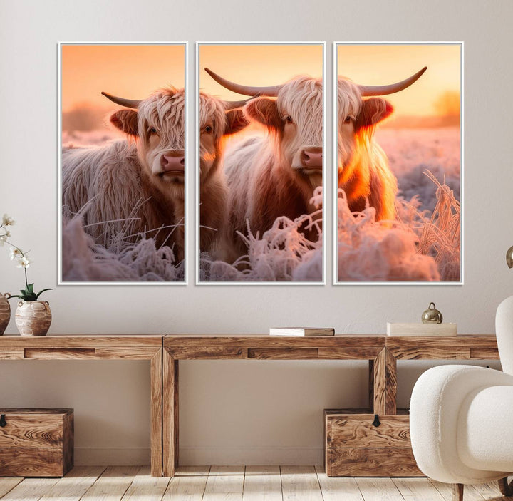 Highland Cows at Sunrise Wall Art adds serene rustic farmhouse charm.