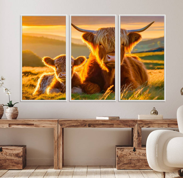 The Scottish Cow and Baby Cow Canvas Wall Art captures sunset fields.