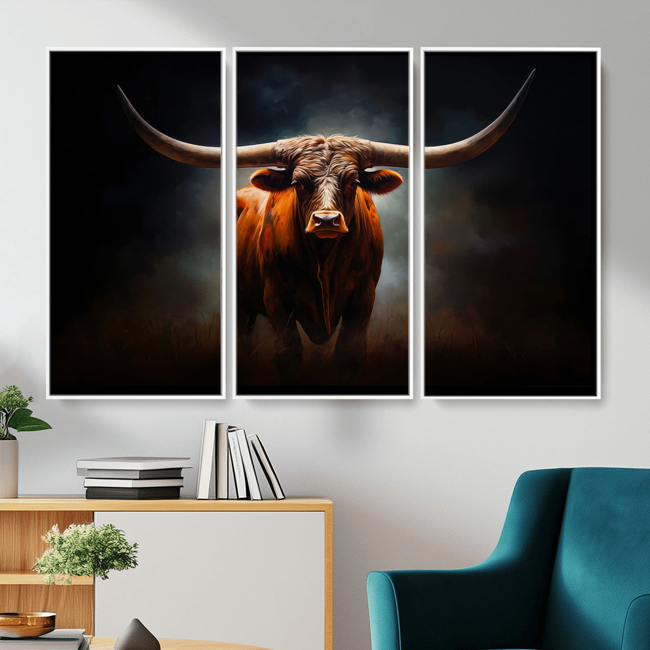 48896-MGV-CV-36X24 - Abstract Texas Longhorn Wall Art Print | 3-Panel Large Texas Longhorn Canvas Print for Living Room,