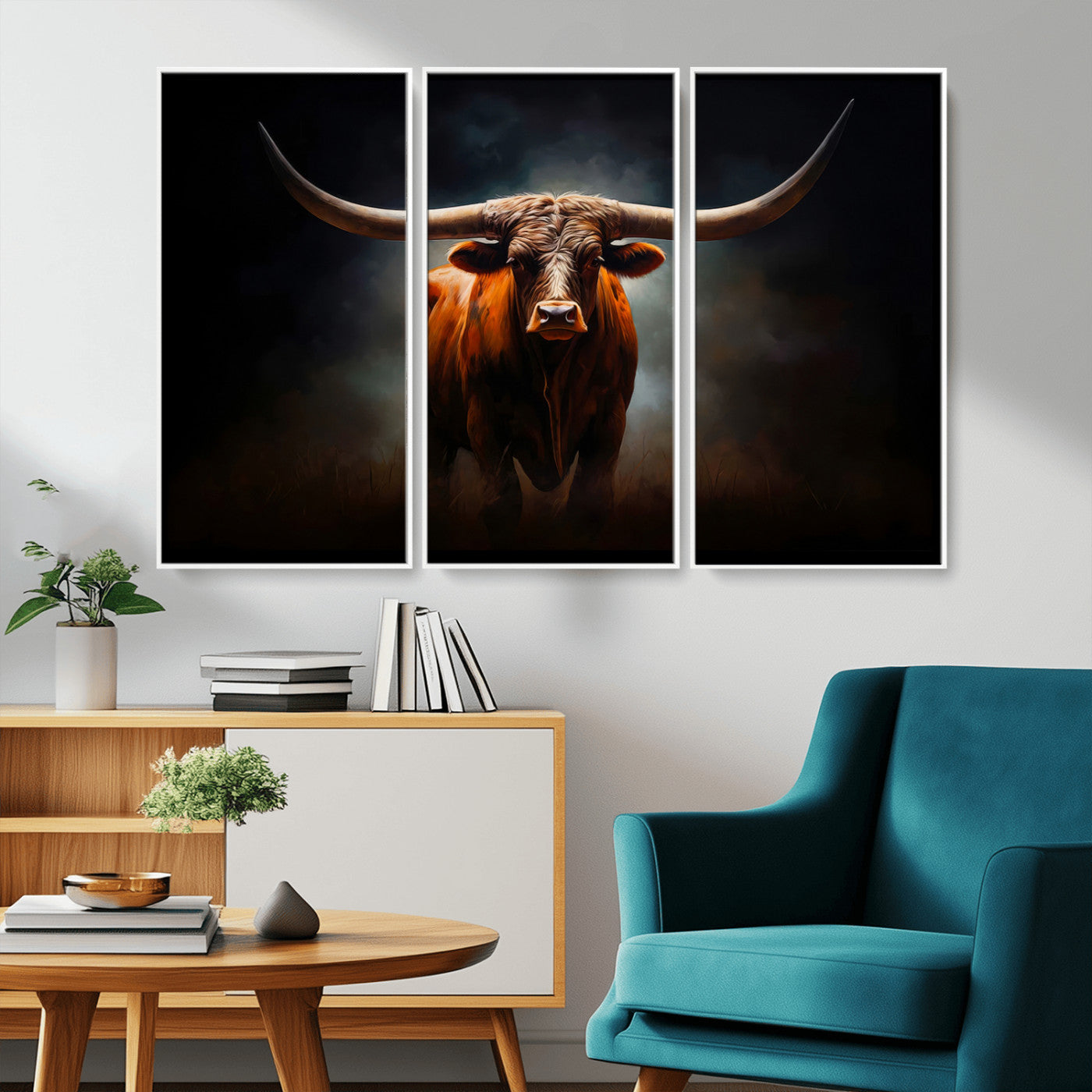 MGV-FC-48X32-3P - Abstract Texas Longhorn Wall Art Print | 3-Panel Large Texas Longhorn Canvas Print for Living Room, Office  Farmhouse Decor | Framed Longhorn Wall Art