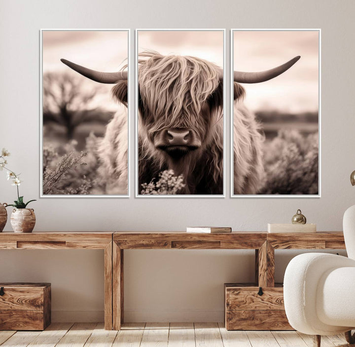 The Scottish Cow Longhorn Wall Art Canvas Print adds charm to the kitchen.