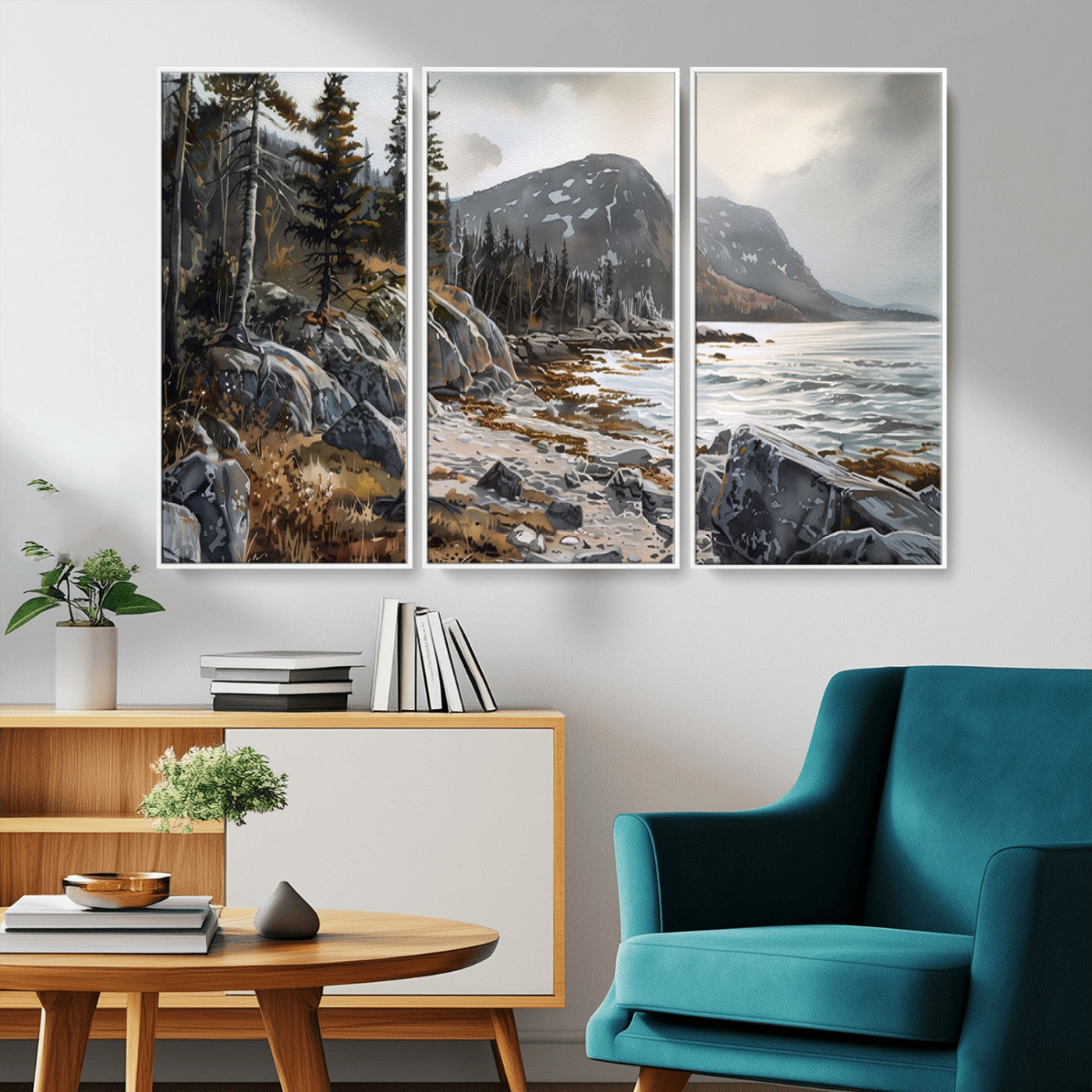 -Serene Coastal View of Acadia National Park - Stunning 3-Panel Wall Art Canvas Print, Framed, Ready