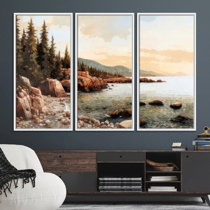 The Serene Coastal View of Acadia National Park 3-panel canvas, framed and ready to hang, adorns the wall.