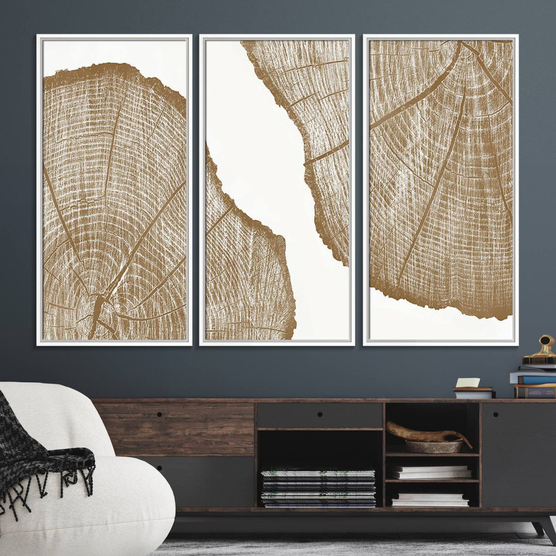 The rustic wall art features two large tree rings, beautifully framed and displayed to create a nature-inspired décor.