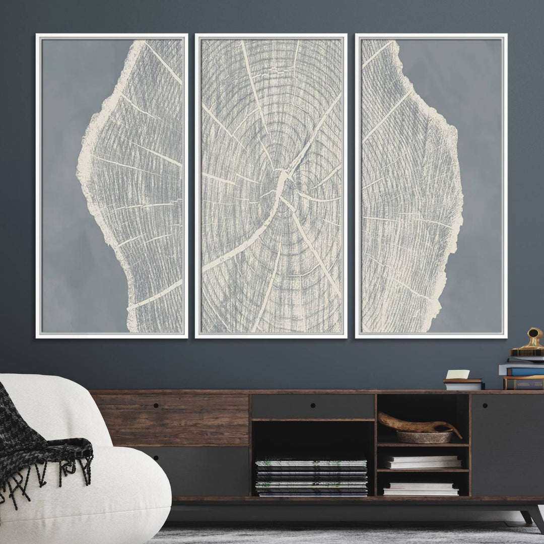 A gray wall displays the Abstract Tree Ring Wall Art print.