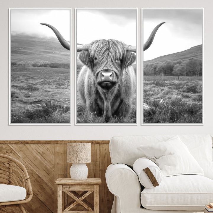 Black White Scottish Highland Cow Canvas Farm Wall Art Canvas Print