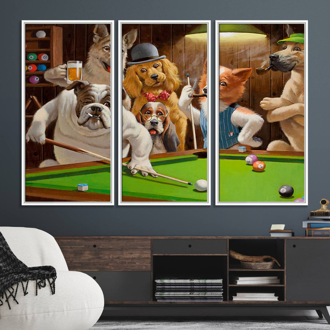 Dogs Playing Pool Canvas Wall Art: This artwork depicts a room where dogs are engaged in a game of pool. One dog is poised to cue while others observe the scene.