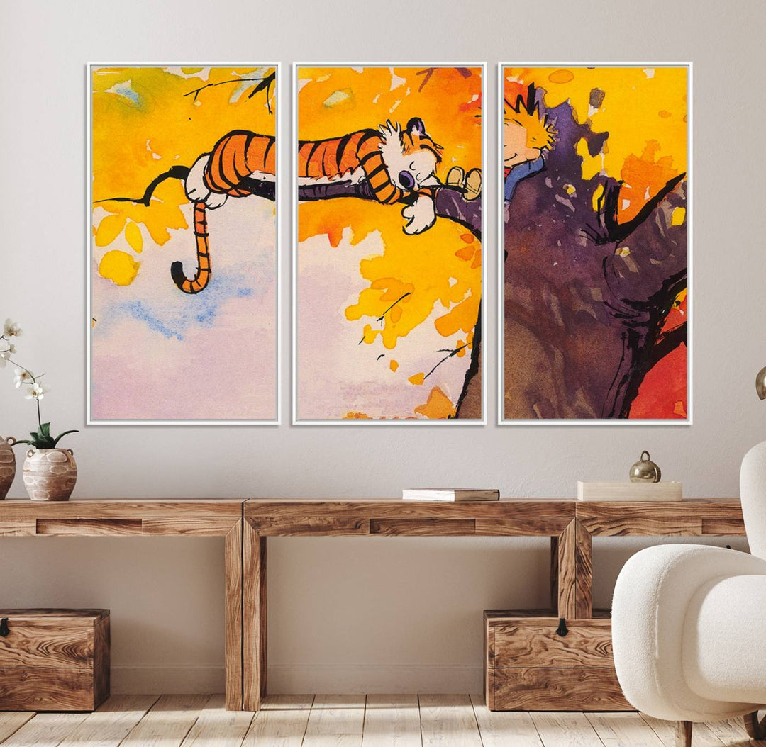 Premium canvas Calvin Wall Arts featuring a boy and tiger relaxing on a branch.