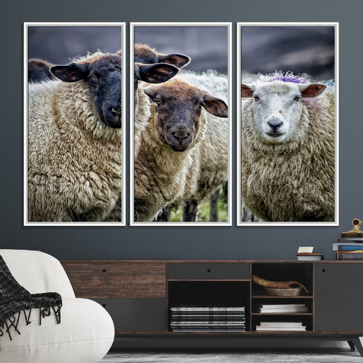 The Charming Sheep Portrait Wall Art hangs on a wooden wall.