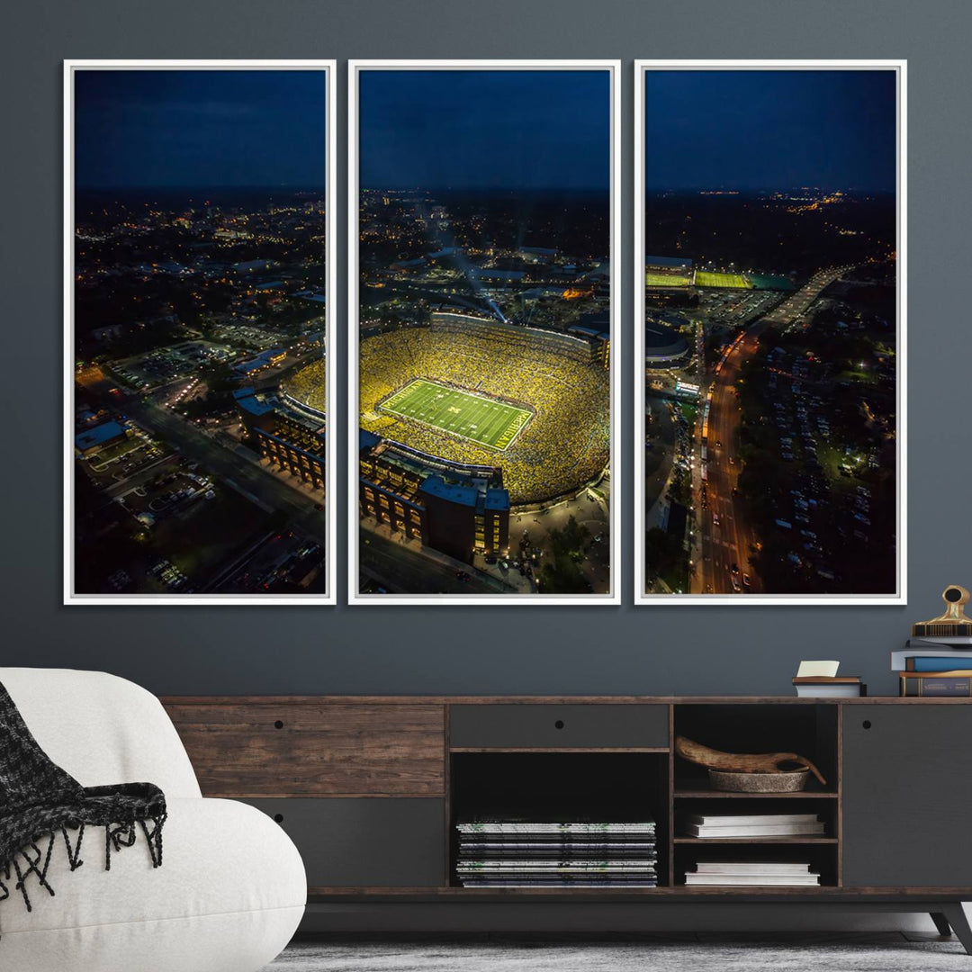 Aerial view of Michigan Stadium nightlife on canvas – Framed, ready-to-hang sports arena wall art.