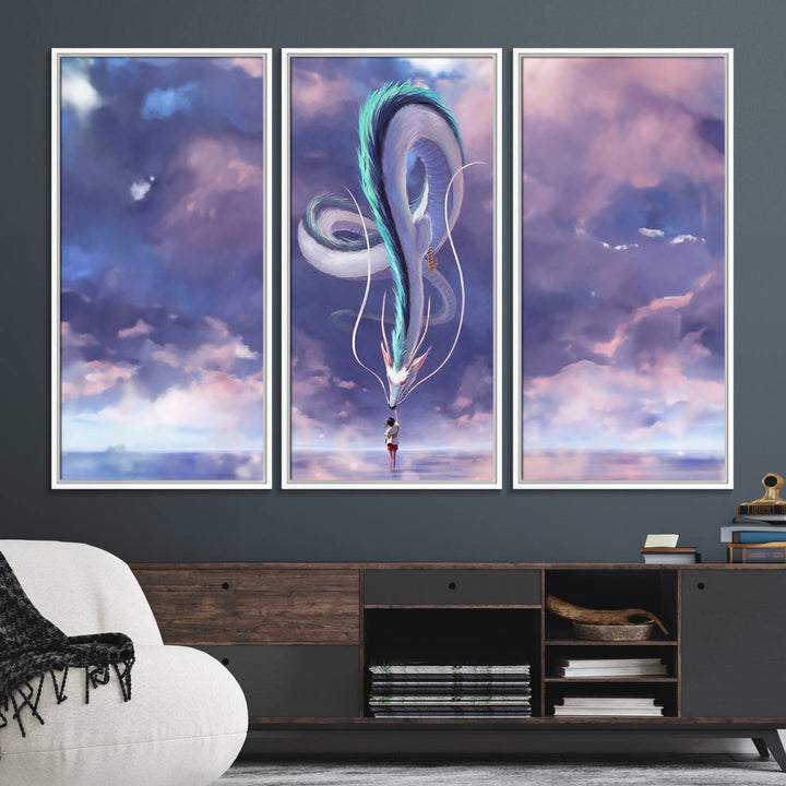 The Spirited Away Haku and Chihiro poster captures a cherished scene for anime lovers under a colorful, cloudy sky.