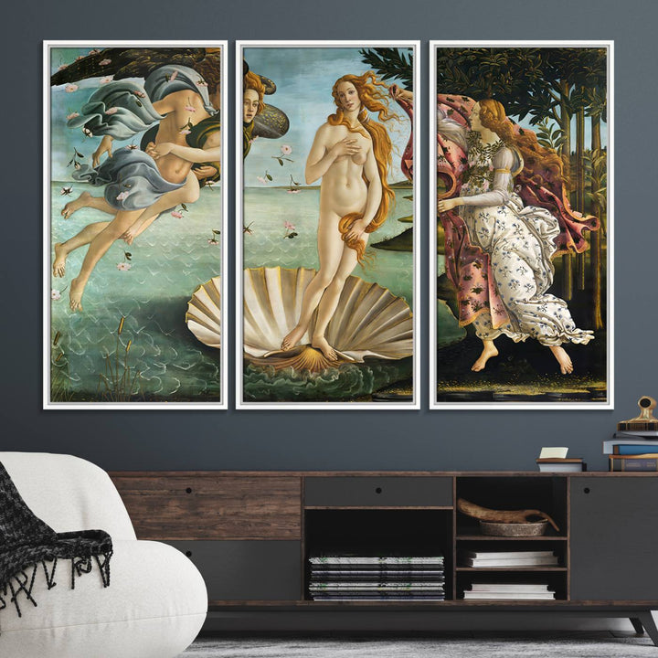 A canvas print of Botticellis The Birth of Venus is displayed on the wall.