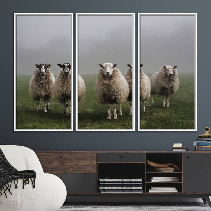 The Flock of Sheep in a Mystical Fog canvas print is framed and ready to hang.