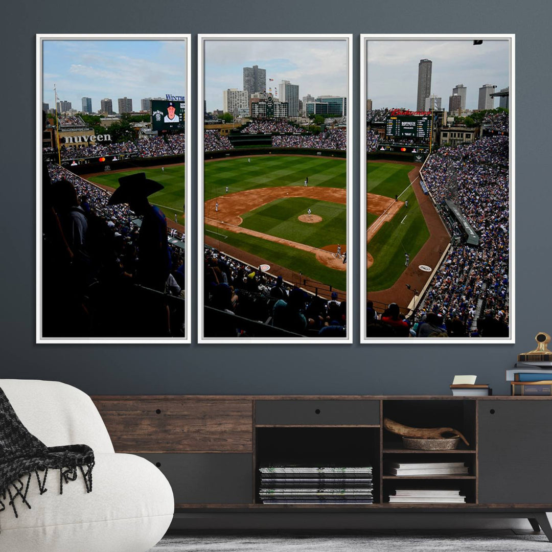 Admire this museum-quality canvas print of a Chicago Cubs game with a cityscape view from the stands at Wrigley Field.