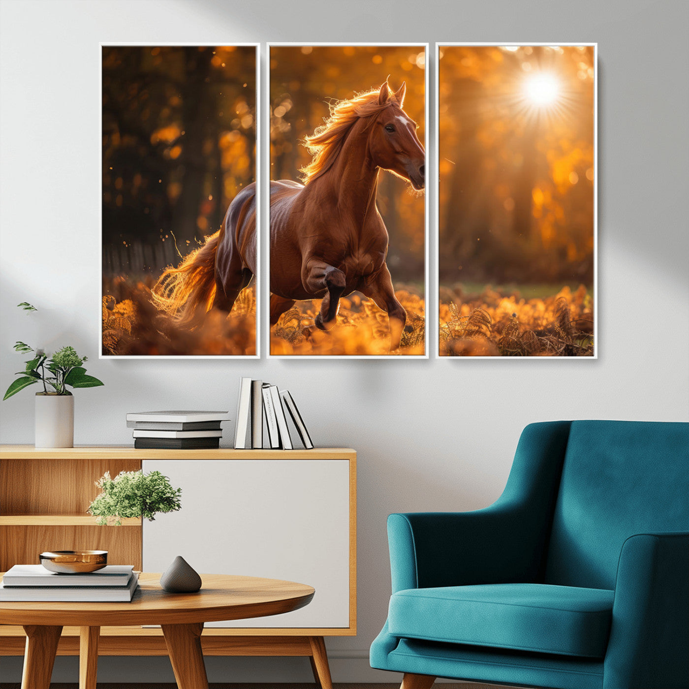 -Running Horse Sunset Forest Wall Art Canvas Print