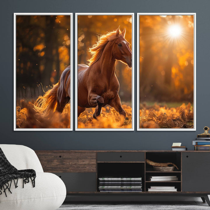 The Running Horse Sunset Forest Wall Art Canvas Print showcases a gallop in an autumn forest with sunlight streaming through the trees.