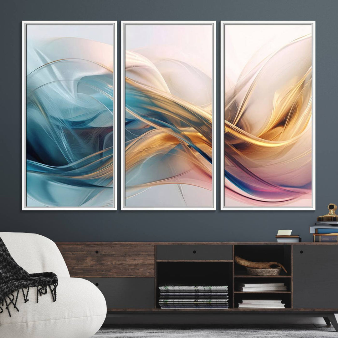 Abstract Flowing Colors Wall Art featuring blue, gold, and pink adds modern elegance to the space.