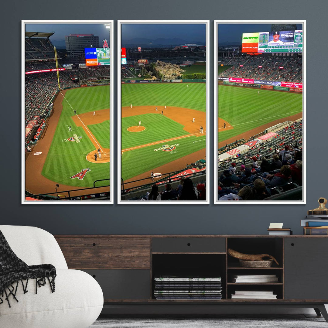 The Angel Stadium Aerial View canvas print of an Angels baseball game is showcased.