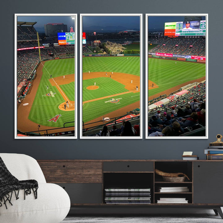 The Angel Stadium Aerial View canvas print of an Angels baseball game is showcased.