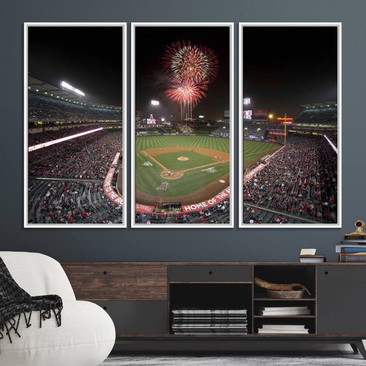 Fireworks at Angel Stadium – LA Angels Night Game Canvas Print, framed and ready to hang.