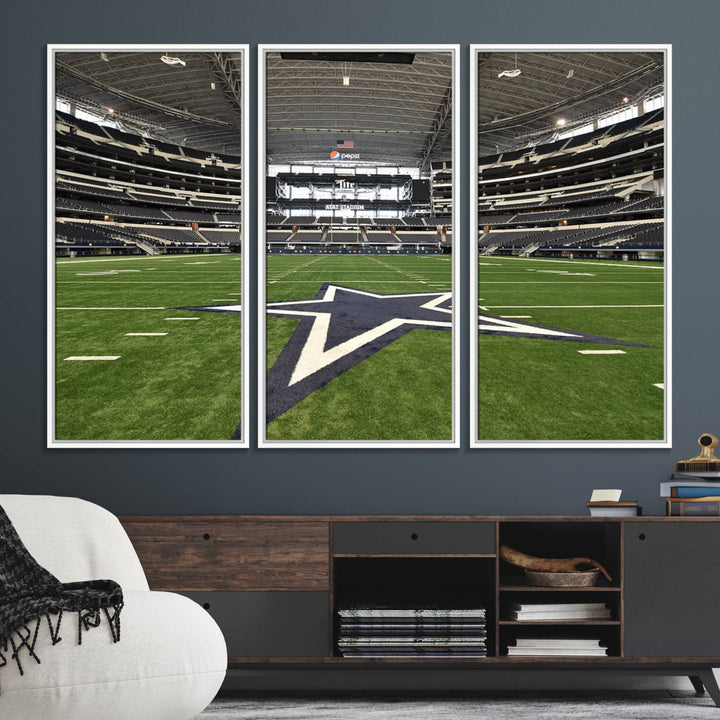 AT&T Stadium Dallas Cowboys Canvas Print displayed above a dining table.