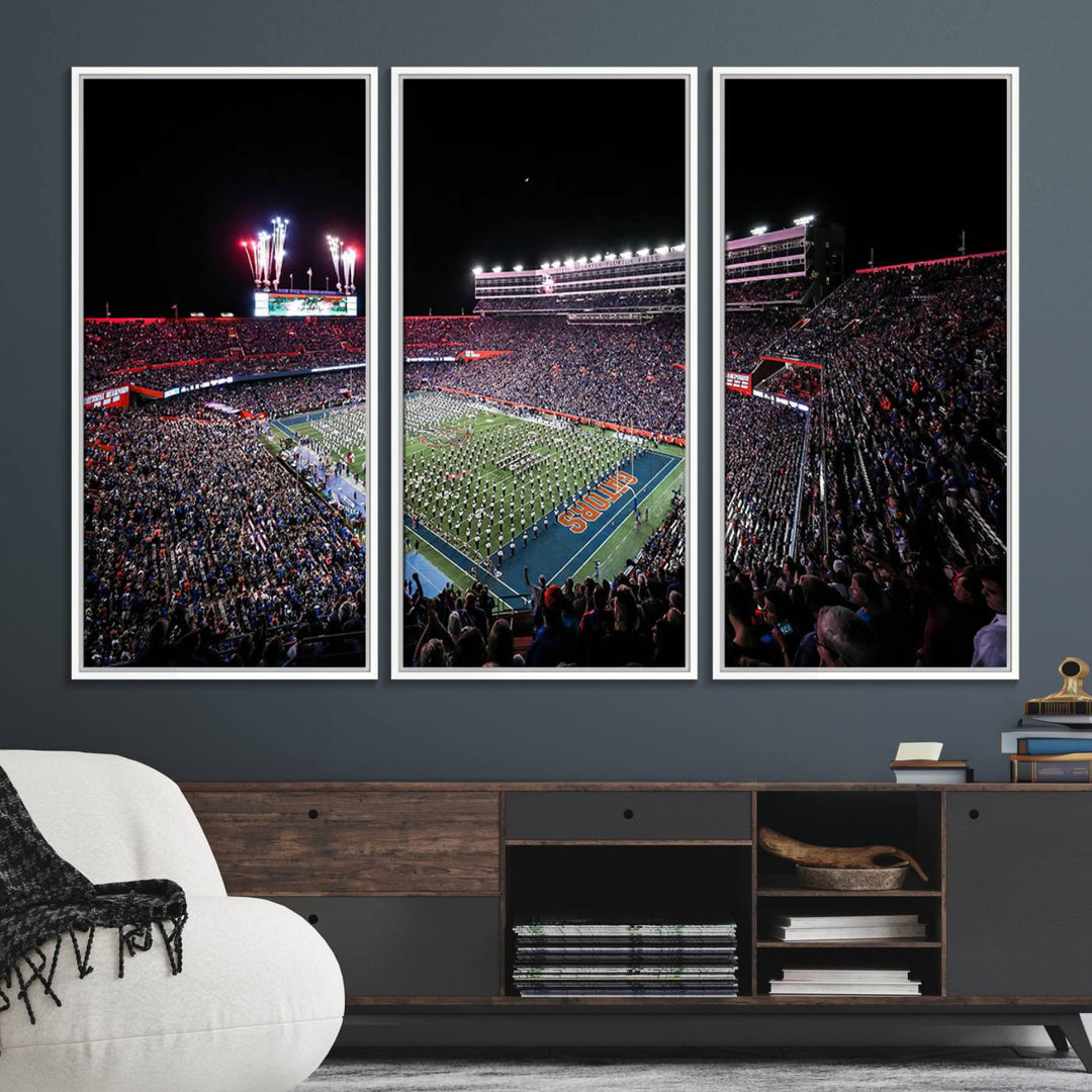 The Gators Night Game Canvas Art captures a lively night at Ben Hill Griffin Stadium with vibrant fireworks and the energy of a live band.