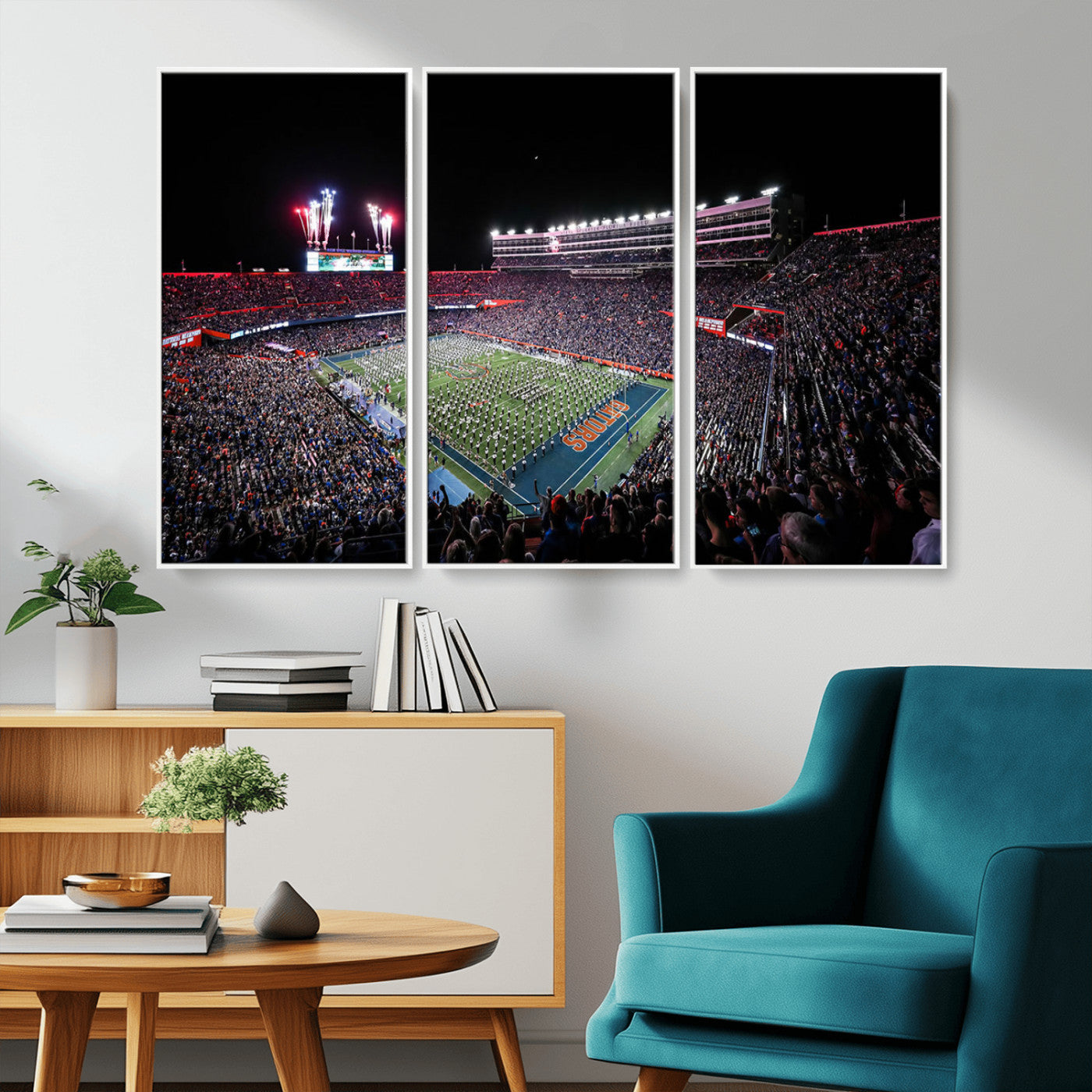 MGV-FC-48X32-3P - Ben Hill Griffin Stadium Night Game Triple Canvas Wall Art - Florida Gators Football Match