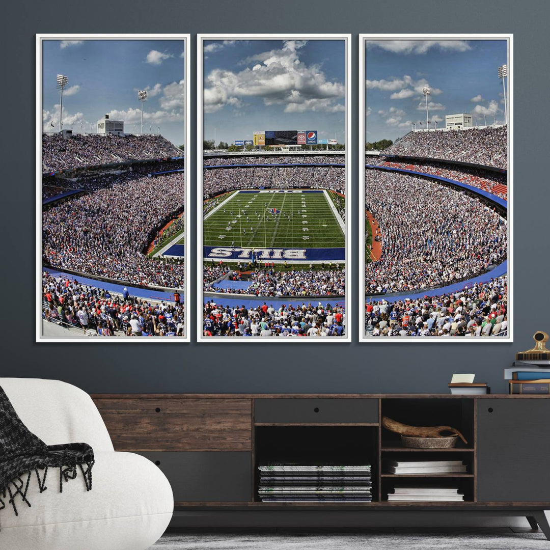 Our Buffalo Bills Game Day Canvas captures a vibrant scene at Highmark Stadium, with a lively crowd under a partly cloudy sky.