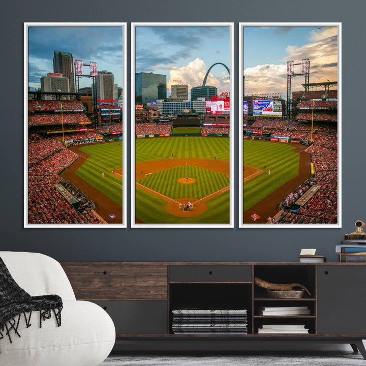 A Busch Stadium canvas print featuring a cityscape, ideal for enhancing living room or man cave sports decor.