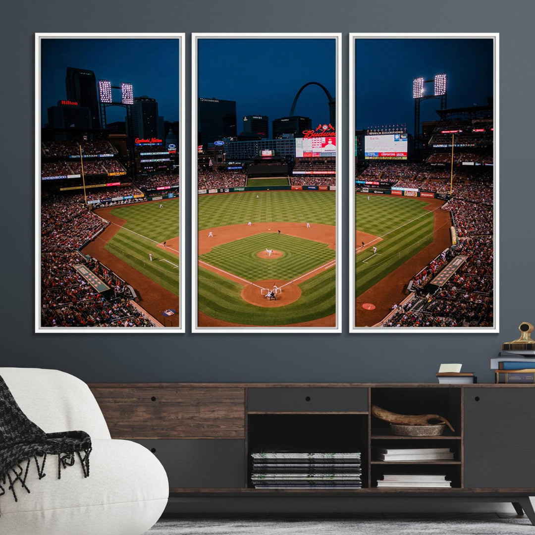 A St. Louis Cardinals Baseball Team print of Busch Stadium at night adorns the wall.