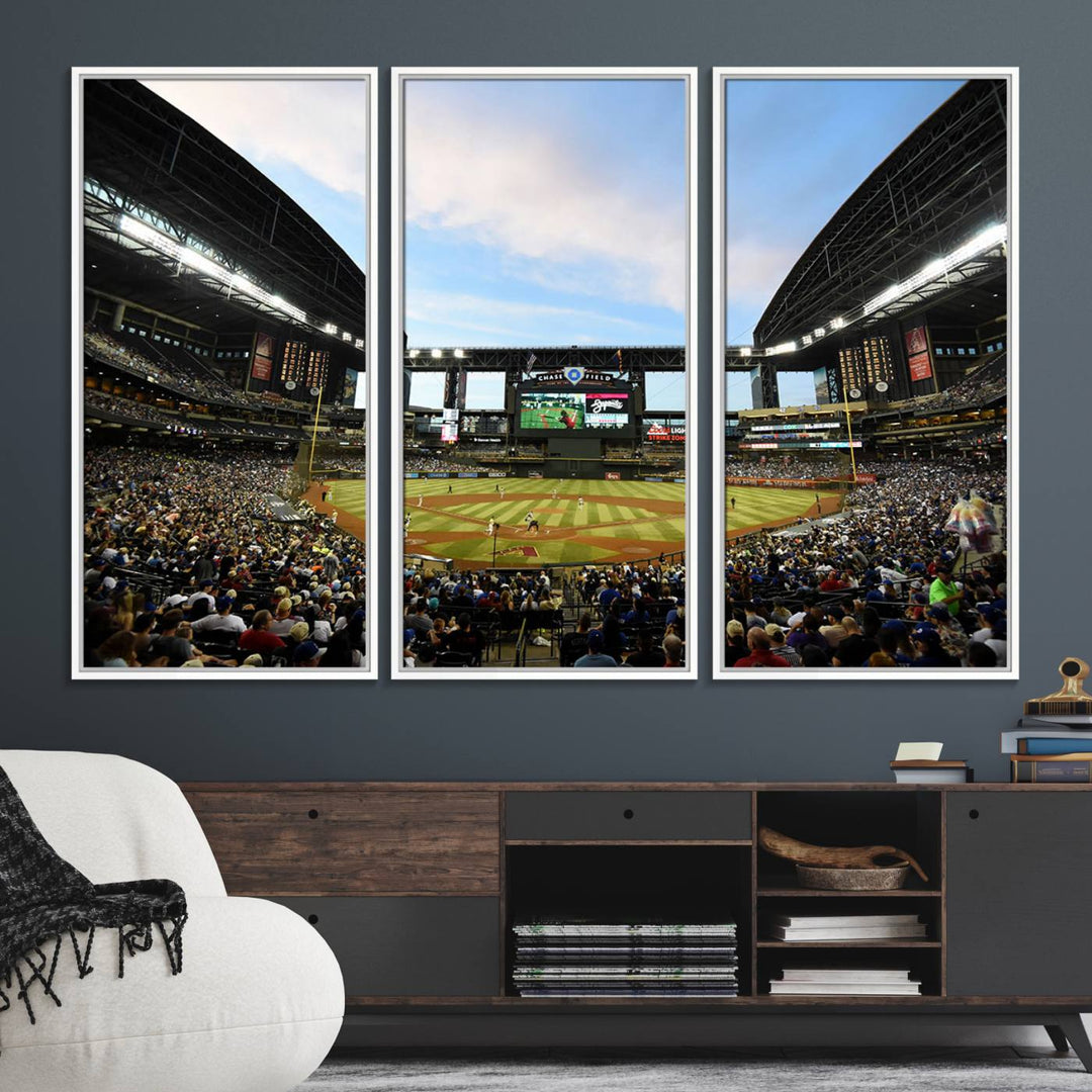 The wall art is an Arizona Diamondbacks Baseball Print depicting a packed Chase Field Stadium under a clear blue sky.