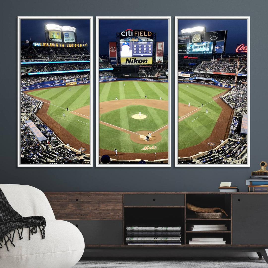 The wall is adorned with a 3-panel Citi Field Wall Art Print, framed for sports-themed decor.