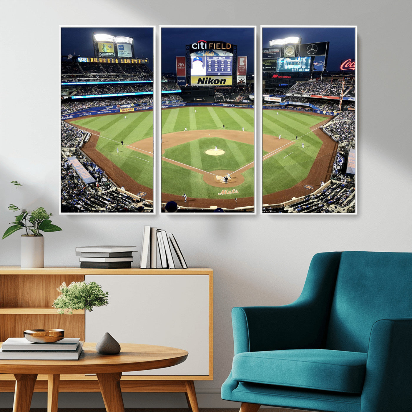 MGV-FC-48X32-3P - Citi Field Wall Art Print | 3-Panel New York Mets Baseball Stadium Canvas Print | Framed Sports Decor for Living Room, Man Cave, or Office Decor