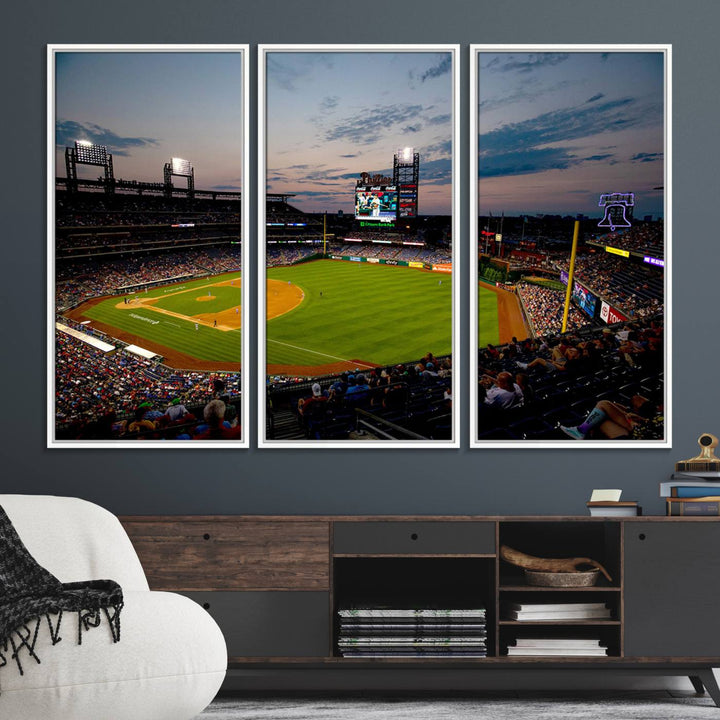 A wall art piece depicting the Philadelphia Phillies Citizens Bank Park Stadium at dusk.