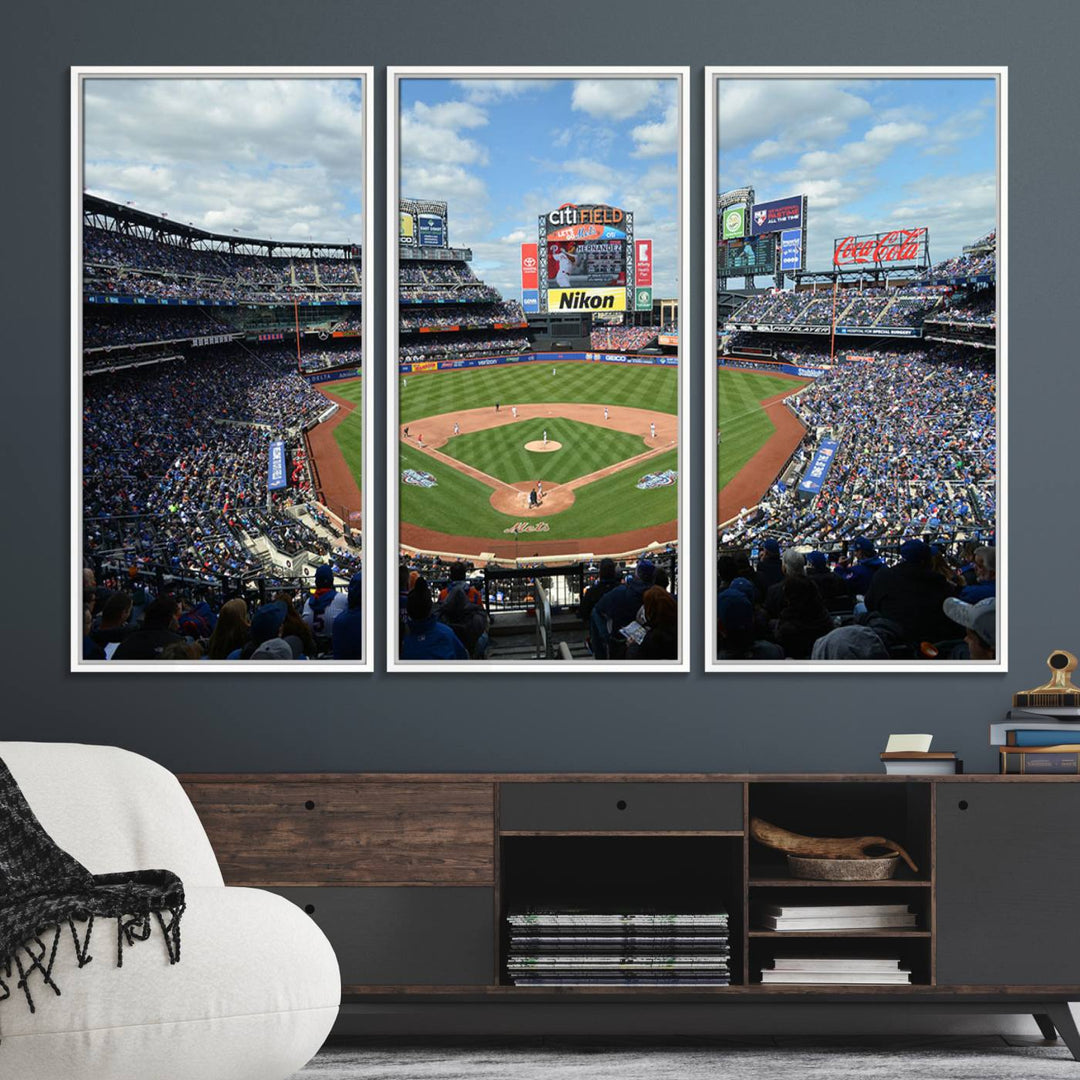 A wall art piece featuring a New York Mets Baseball Team print of Citi Field during a thrilling game under a blue sky.