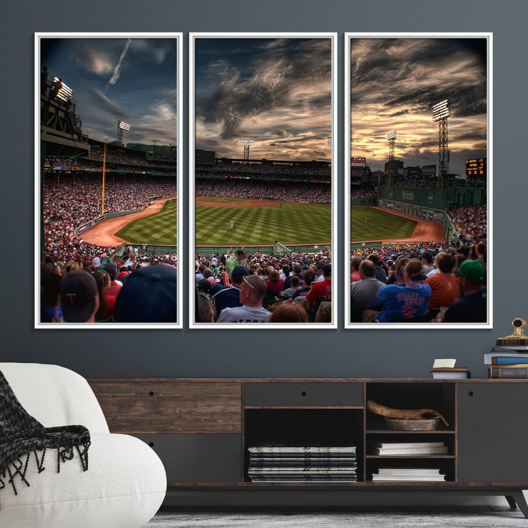 Boston Red Sox canvas print of Fenway Park at sunset, ideal for sports fans.