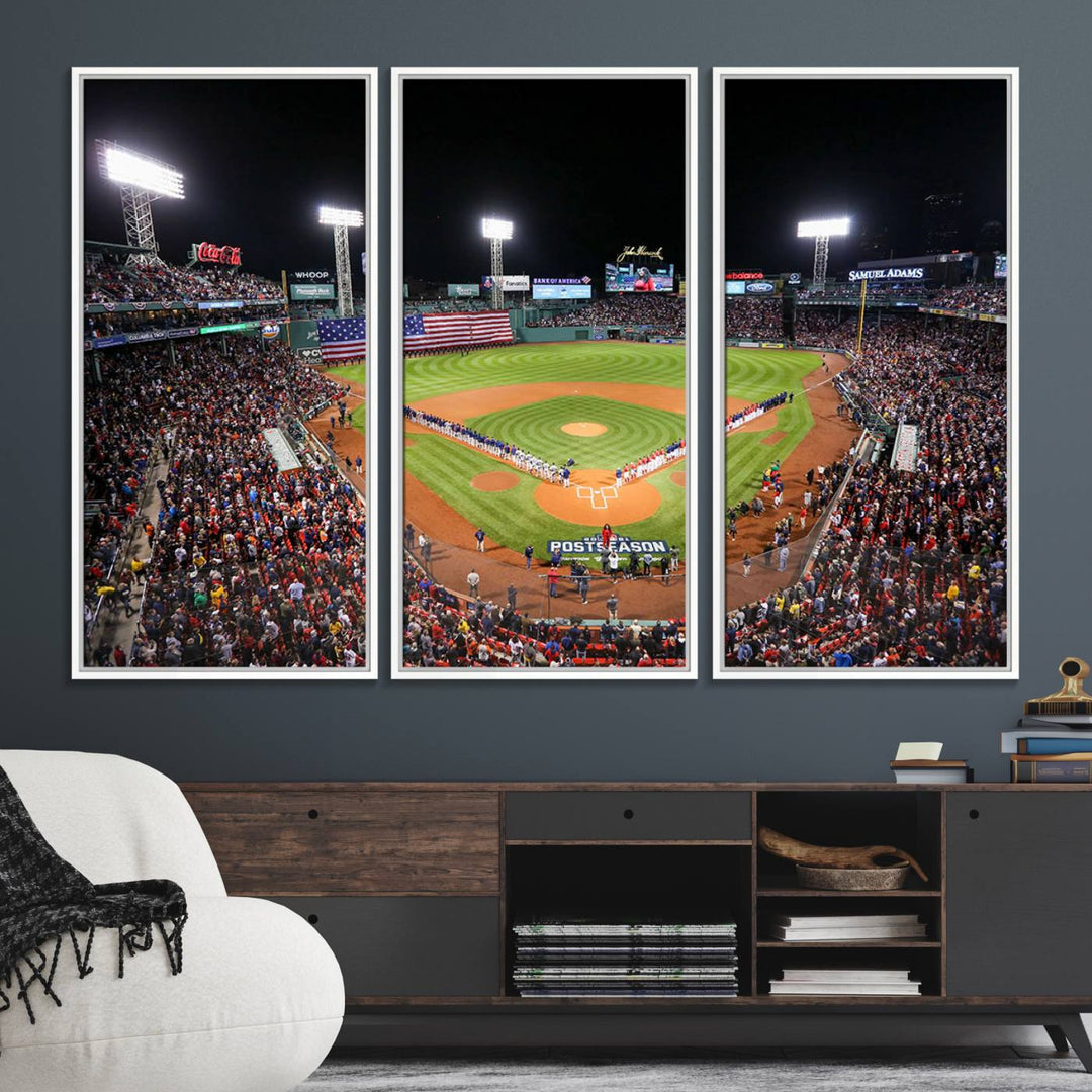 The Fenway Park Wall Art Canvas Print showcases a stunning aerial view of Bostons iconic ballpark at night, making it an ideal piece for any Red Sox enthusiast.