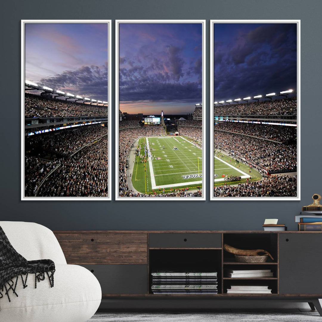 A large New England Patriots Foxborough Gillette Stadium wall art canvas print at sunset.