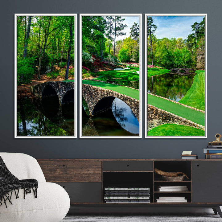 The wall art from Augusta National Golf Club showcases a panoramic bridge set against rich, lush greenery on a framed triptych canvas.