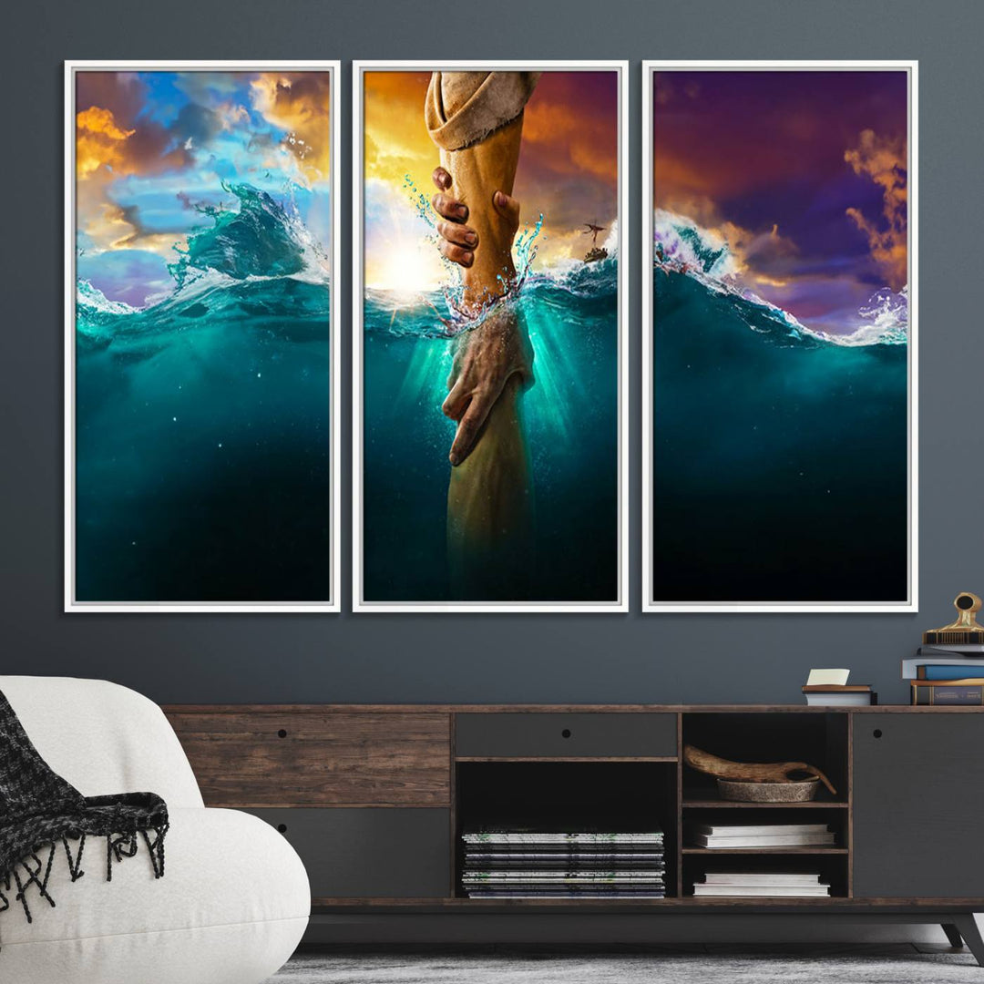 The God Hand Wall Art Canvas Print depicts hands reaching through water against a vibrant sky.