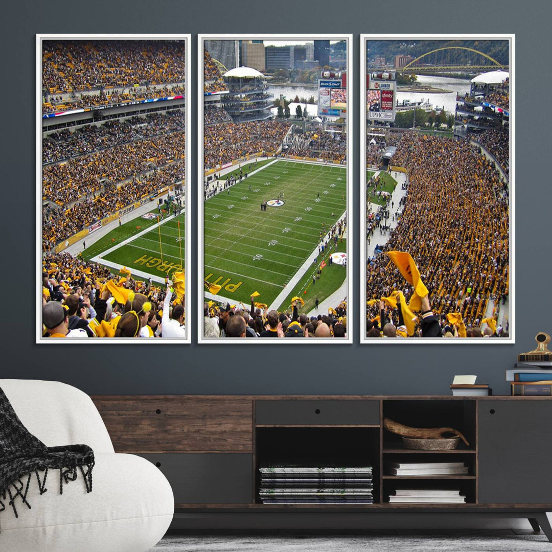 Heinz Field wall art and a cityscape serve as the backdrop.