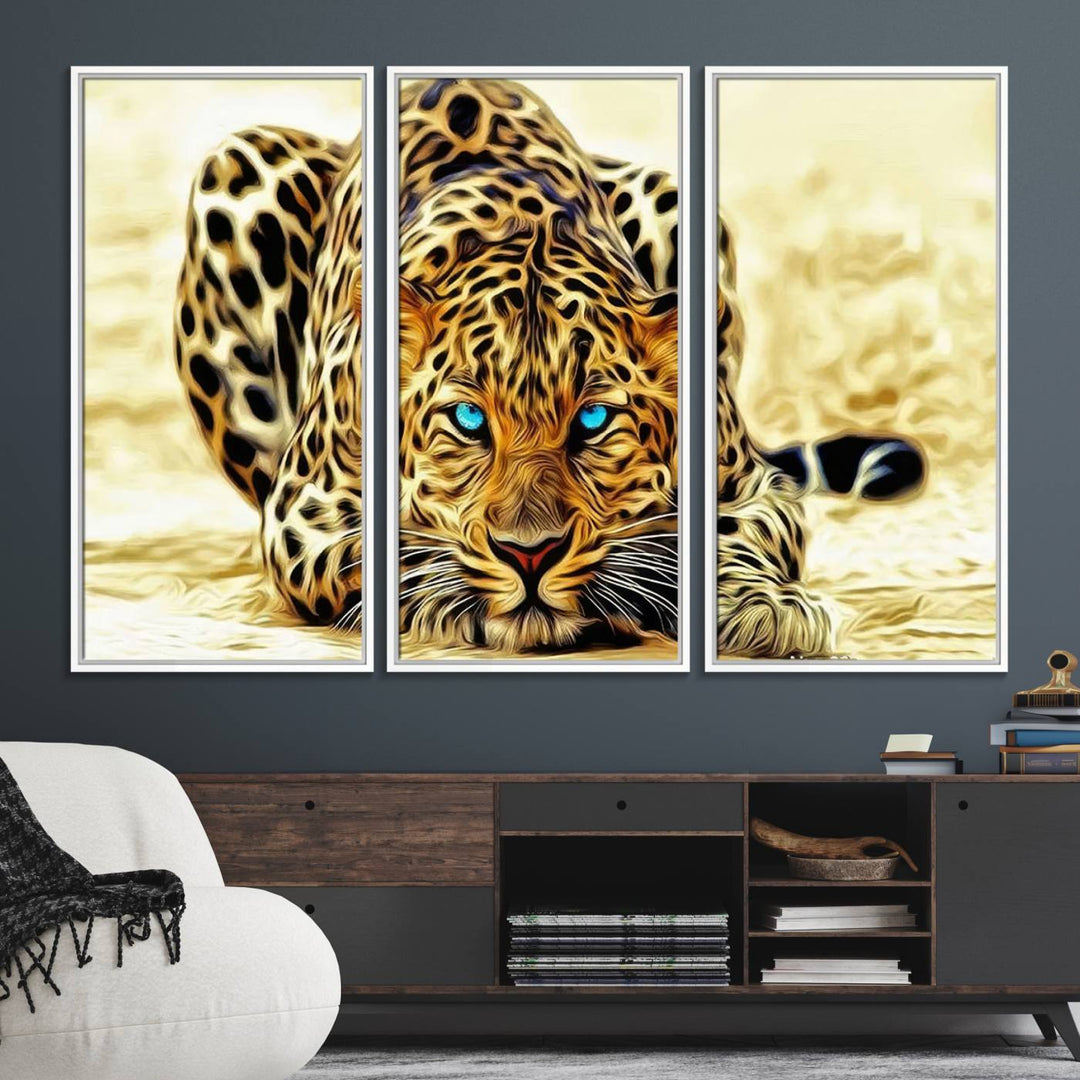 The Blue-Eyed Leopard Canvas Wall Art features a fierce and captivating design, perfect for wildlife enthusiasts. Its bold imagery makes it a striking decor piece, ready to hang.