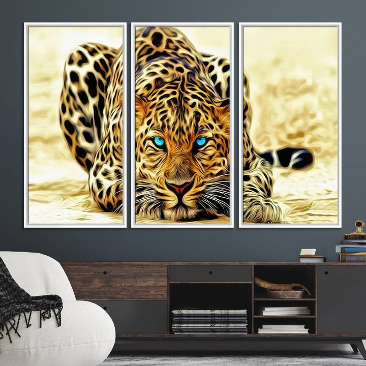 The Blue-Eyed Leopard Canvas Wall Art features a fierce and captivating design, perfect for wildlife enthusiasts. Its bold imagery makes it a striking decor piece, ready to hang.