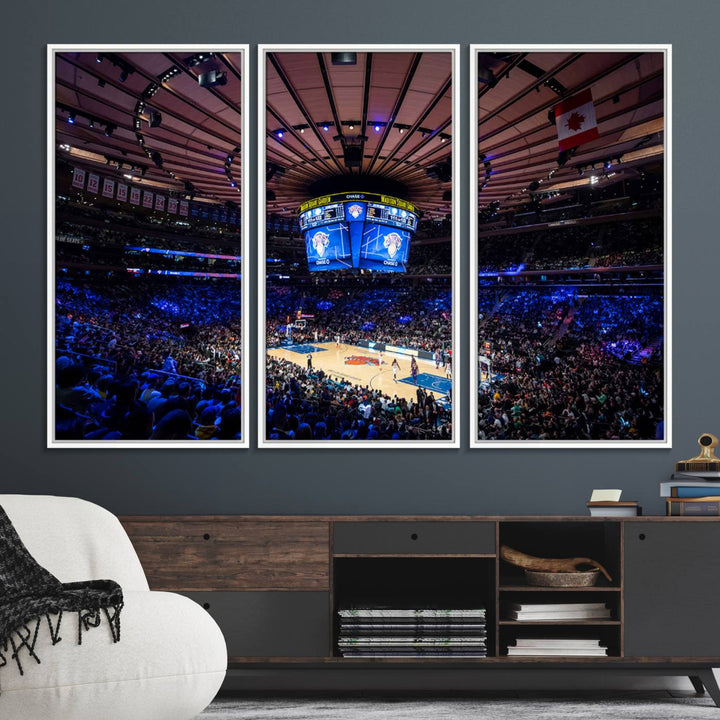 A print depicting an NBA game at Madison Square Garden, highlighting the scoreboard.