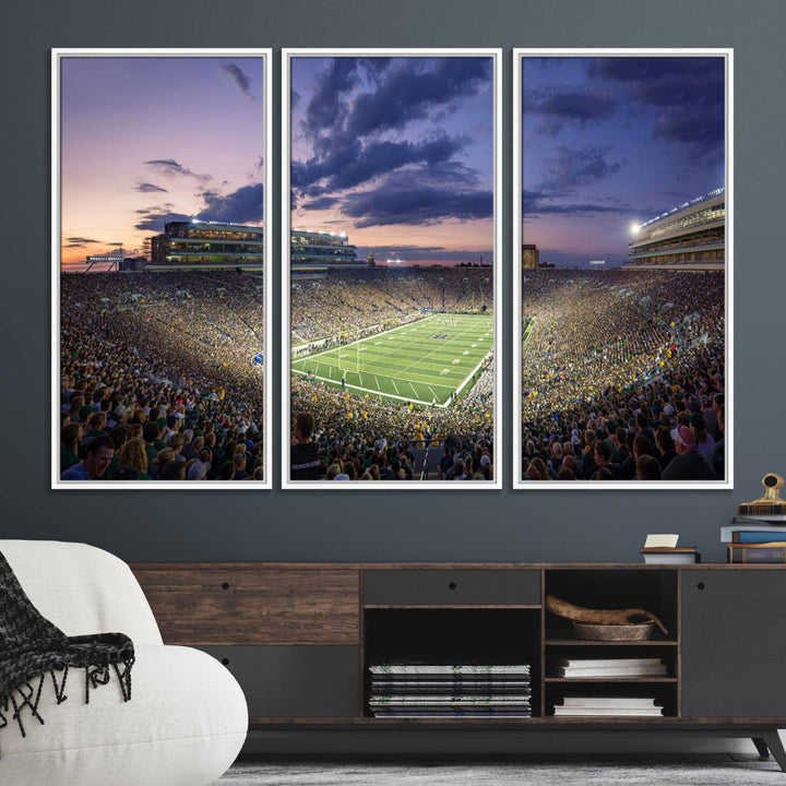 As the sun sets, a stunning backdrop highlights the Notre Dame Fighting Irish Football Team Print.