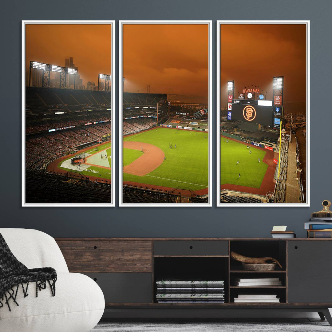 A canvas depicting an Oracle Park game with an orange sky, from SF Giants Stadium Wall Art.