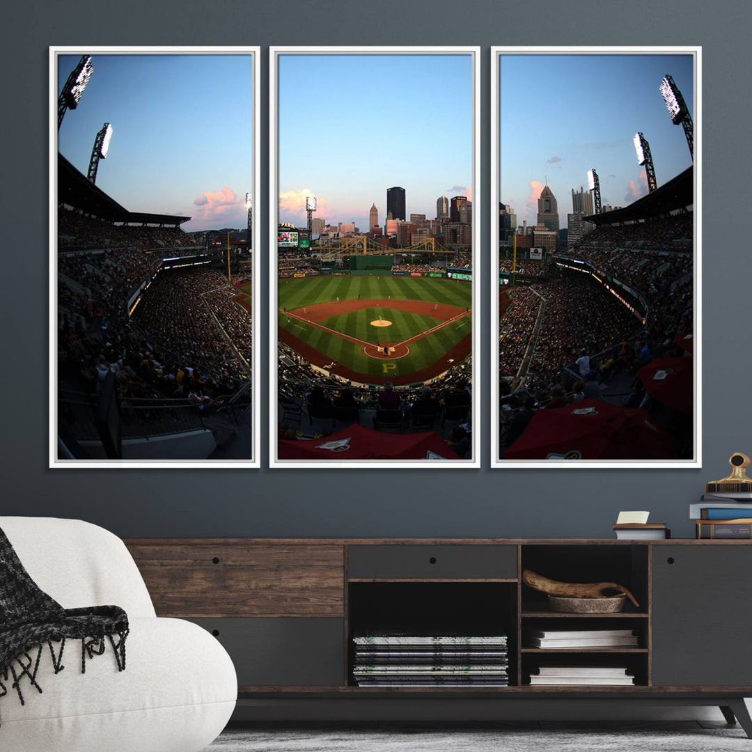 The PNC Park Evening Game Canvas, featuring a skyline backdrop, is displayed on the wall.